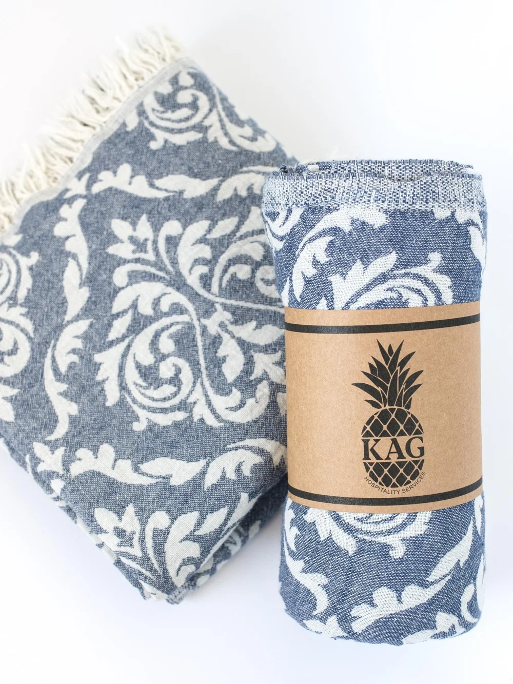 Reversible Gray Damask Throw Blanket with Fringe